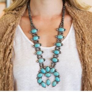 Navajo Native American Faux Turquoise & Silver Statement Squash Blossom Necklace